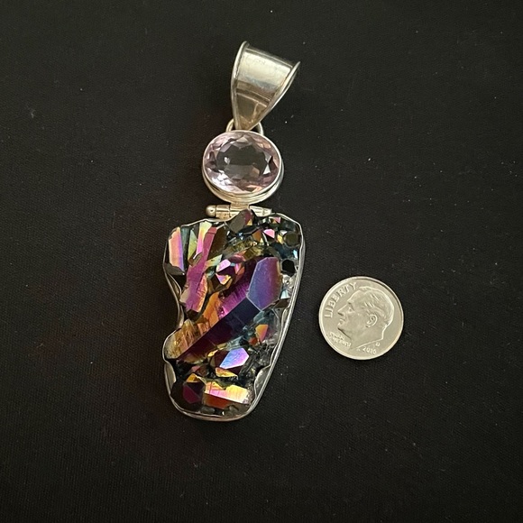 Sterling Silver Titanium rainbow natural crystal geode quartz amethyst pendant - Picture 8 of 8